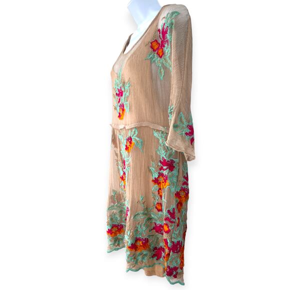 Soft Surroundings | XL | Embroidered Round-Neck Silk Tunic Coverup Sheer Cami - Picture 3 of 8